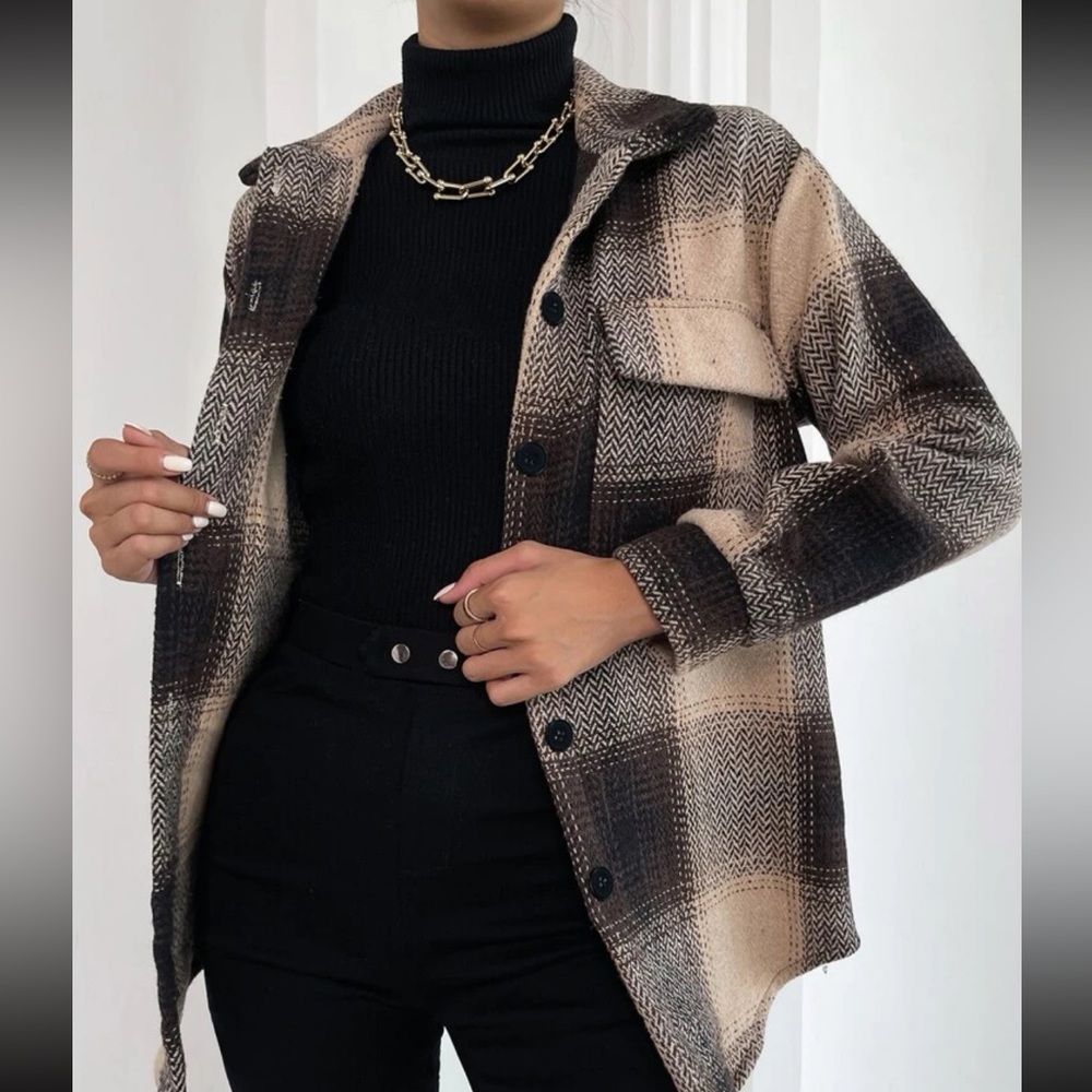 Boho plaid button up flap pocket overcoat